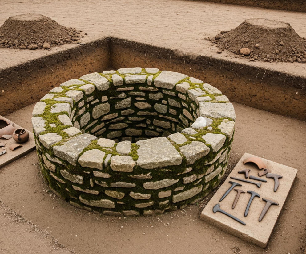 Centralnie na obrazie znajduje się okrągła kamienna studnia, zbudowana z nieregularnych, szarych kamieni z dużą ilością zielonego mchu porastającego szczeliny i powierzchnie. Studnia umieszczona jest w wykopie o prostokątnym kształcie, z ziemistymi ścianami. Wewnątrz wykopu, po lewej stronie studni, leżą fragmenty ceramiki i gliniane naczynia na płaskiej, beżowej płycie. Po prawej stronie studni, również na płaskiej beżowej płycie, ułożone są liczne, czarne, metalowe przedmioty przypominające gwoździe i narzędzia. Za wykopem, w tle, widoczne są dwie niewielkie, stożkowe kopce ziemi.