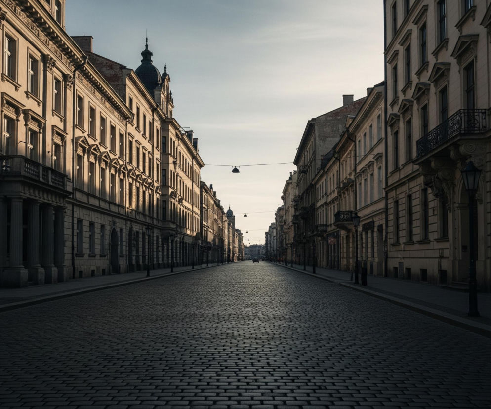 Długa, pusta ulica brukowana, wyłożona kamienicami o beżowych i szarych fasadach, rozciąga się w perspektywie ku odległemu, jasnemu horyzontowi. Po lewej stronie budynki oświetlone są ciepłym, słonecznym światłem, podkreślającym detale architektoniczne i balustrady balkonów, natomiast prawa strona pozostaje w cieniu. W oddali na drodze dostrzegalny jest jeden ciemny samochód, a nad ulicą wiszą pojedyncze latarnie miejskie.