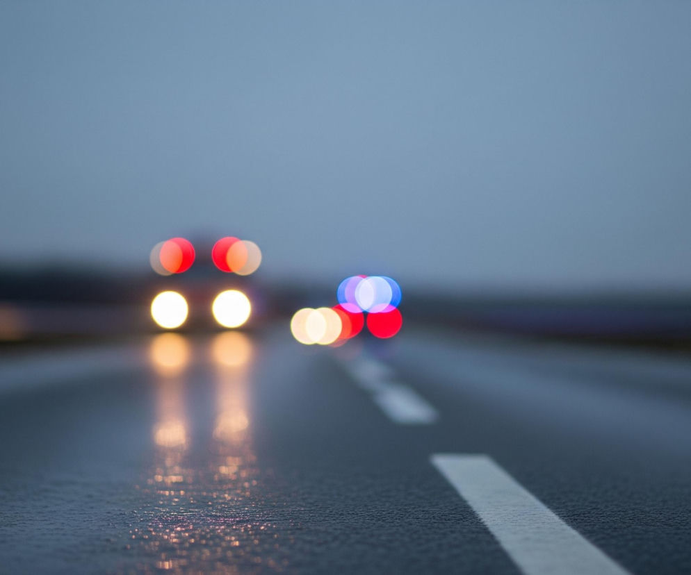 Wilgotna, asfaltowa droga biegnie przez środek obrazu, odbijając rozmazane światła pojazdów. W oddali po lewej stronie znajdują się dwa jasne, żółte okręgi, prawdopodobnie światła przednie samochodu, a obok nich dwa czerwone. Po prawej, nieco bliżej, widoczne są cztery różnokolorowe okręgi: czerwony, żółty, niebieski i czerwony, sugerujące światła pojazdu uprzywilejowanego. Całe tło, składające się z nieba i zarysu krajobrazu, jest rozmazane i utrzymane w odcieniach szaro-niebieskich.