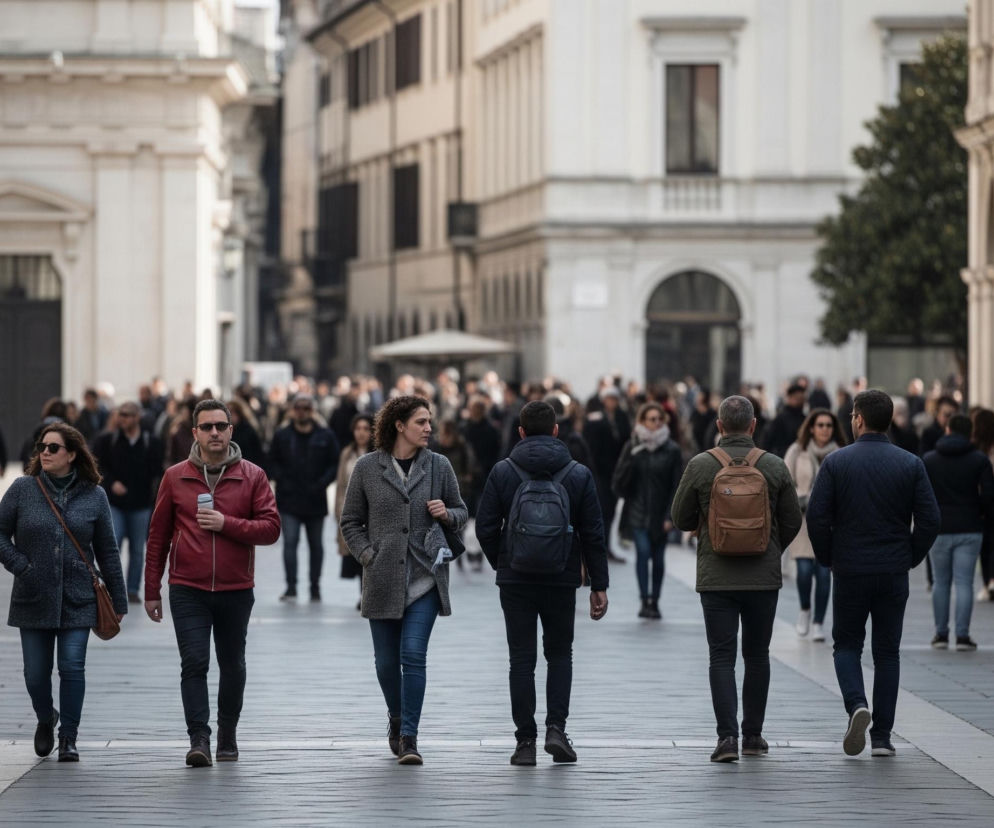 Ulica o szerokim, brukowanym deptaku wypełnionym ludźmi. Po obu stronach widoczne są wysokie, jasne budynki z elementami architektonicznymi, takimi jak arkady i kolumny, tworząc miejski pejzaż. W centrum kadru na pierwszym planie znajduje się grupa osób idących w różnych kierunkach, ubranych w jesienne lub zimowe płaszcze i kurtki, niektórzy mają plecaki. Dalszy plan wypełnia tłum przechodniów, rozmyty i nieostry, co skupia uwagę na osobach bliżej obiektywu.