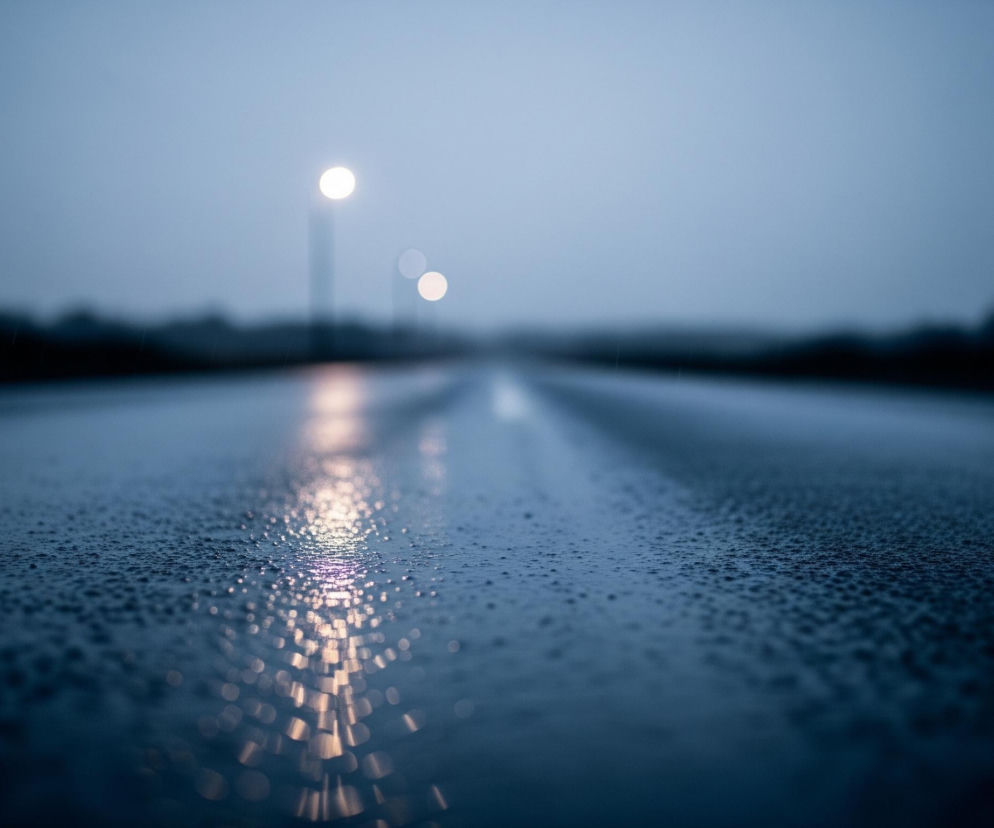 Długa, mokra droga rozciąga się w głąb obrazu, pokryta licznymi kroplami wody, które odbijają światło. Na pierwszym planie, w centrum, widoczne są intensywne, podłużne refleksy świetlne w kolorze ciepłej bieli, tworzące smugę rozchodzącą się w kierunku horyzontu. W oddali, na rozmytym tle, wyróżniają się trzy jasne, okrągłe źródła światła, przypominające lampy uliczne, oświetlające pogrążony w zmierzchu lub nocy krajobraz. Cała scena utrzymana jest w chłodnych odcieniach szarości i granatu, z niewyraźną linią horyzontu i ciemniejszymi, zamazanymi zarysami drzew po obu stronach drogi.