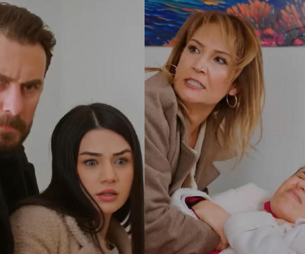 Trzy aktorki i aktor z tureckiego serialu Miłość i nadzieja od Super Seriale, ukazujący emocje związane z finałem. Mężczyzna i młoda kobieta po lewej stronie z zaskoczeniem, natomiast po prawej kobieta w jasnym płaszczu usiłuje powstrzymać inną, leżącą na ziemi osobę.