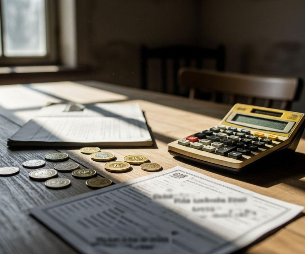 Stół z drewnianym blatem w ciemnym pomieszczeniu, na którym leżą dokumenty, monety i kalkulator. Słońce wpada przez okno, tworząc snopy światła. Obraz symbolizuje trudną sytuację finansową rolników, o której możesz przeczytać na Super Biznes.