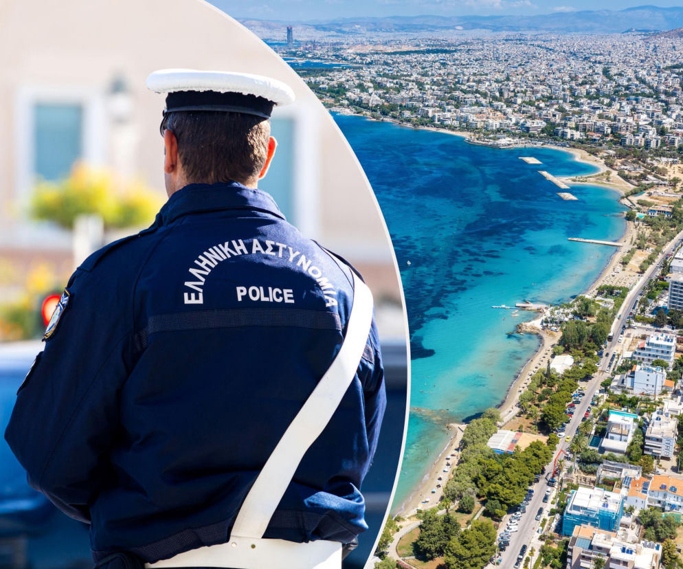 Policjant tyłem, obok panorama plaży w Grecji. O tragicznej bójce o leżak pod Atenami przeczytasz w serwisie Eska.