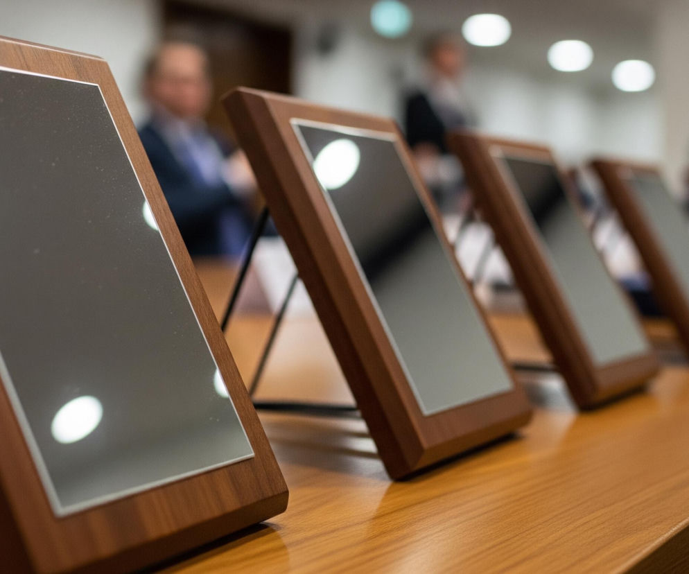 Rzędy brązowych, drewnianych ramek z ciemnymi, prostokątnymi ekranami stoją na lśniącym, drewnianym blacie stołu. Pierwszy rząd, na pierwszym planie, jest ostry, ukazując detale słojów drewna i odbicia światła na ekranach. W tle widać zamazane sylwetki ludzi oraz jasne, rozmyte plamy światła sufitowego.