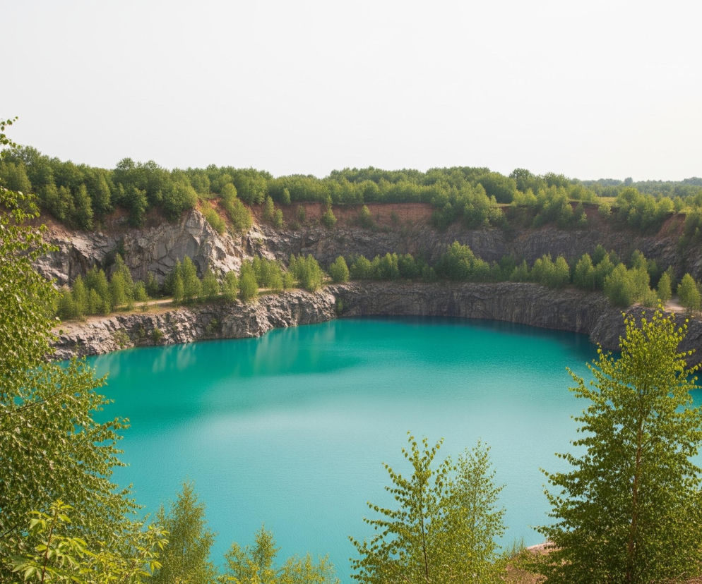 Duże, okrągłe jezioro o intensywnym, turkusowym kolorze wody zajmuje centrum kadru, otoczone stromymi, skalistymi brzegami. Klify i skarpy są pokryte gęstym lasem liściastym o jasnozielonych koronach, a nad nimi rozciąga się pas czerwonobrązowej ziemi. Całość jest pod bezchmurnym, jasnym niebem, które zajmuje górną część obrazu. Na pierwszym planie, po lewej i prawej stronie, widać fragmenty drzew liściastych z młodymi, jasnozielonymi liśćmi.