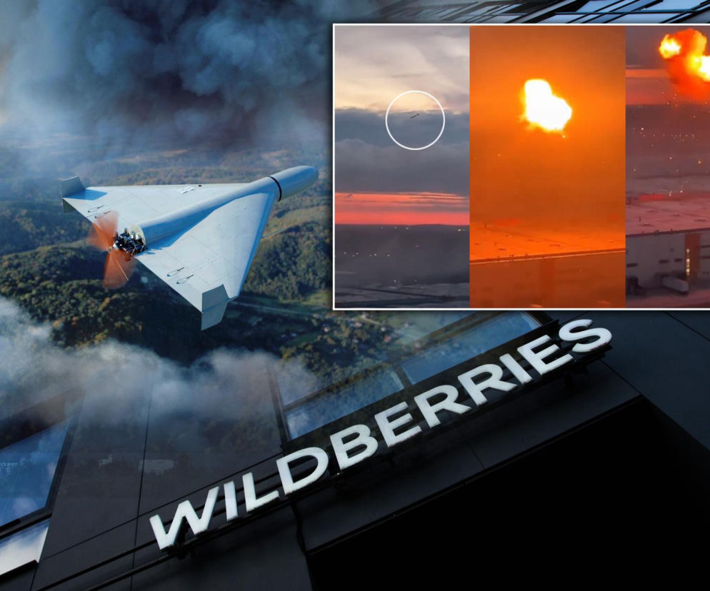 Dron wojskowy nad płonącym terenem i logo Wildberries. Na wstawce wybuchy w magazynach. Czytaj w SE Superbiz.