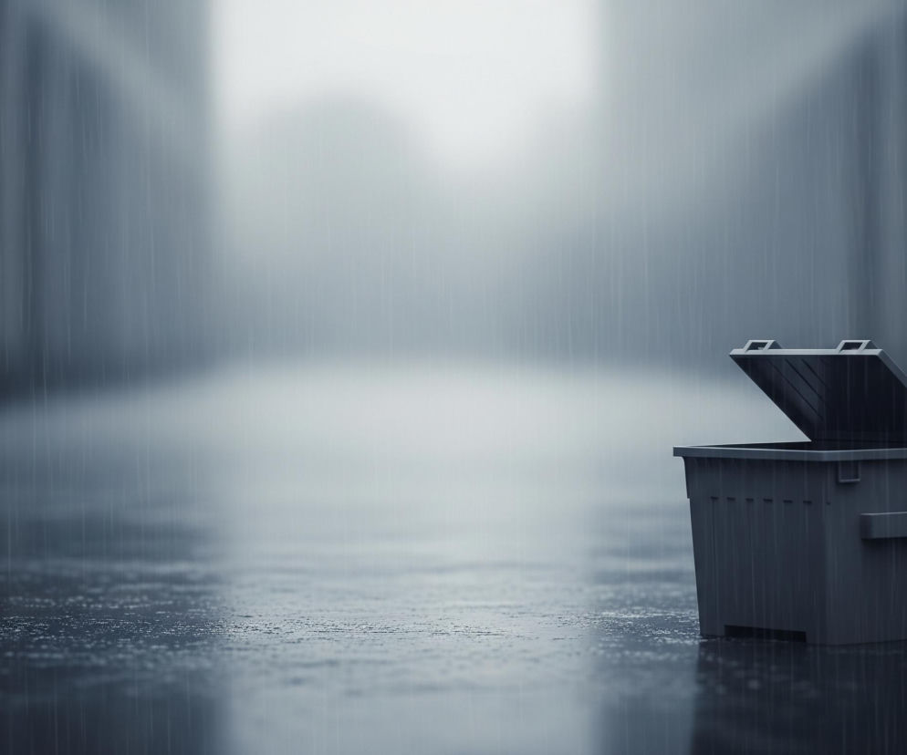 Samotny, szary pojemnik na śmieci z lekko uchyloną pokrywą, stojący na mokrej powierzchni. W tle rozciąga się miejski krajobraz z zamazanymi budynkami po obu stronach, co tworzy wrażenie głębi i perspektywy. Całość jest skąpana w deszczu, którego cienkie, pionowe smugi są wyraźnie widoczne na całym zdjęciu, a na podłożu tworzą się małe kałuże i odbicia. Dominują odcienie szarości i błękitu, nadając scenie melancholijny i nieco surowy charakter.