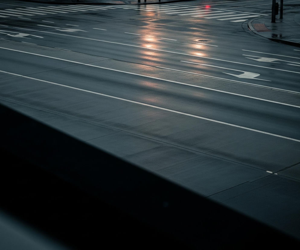 Na obrazie widoczna jest mokra nawierzchnia ulicy, pokryta licznymi jasnymi pasami i strzałkami namalowanymi na asfalcie. Po lewej stronie, w dolnej części, ciemny cień biegnie ukośnie przez kadr, zakrywając część jezdni. Na górze obrazu rozciąga się przejście dla pieszych z białymi pasami, a w jego pobliżu odbijają się w kałużach pomarańczowo-czerwone światła. Z prawej strony ulicy widać fragment chodnika i ciemne, niewyraźne kształty budynków lub innych obiektów.