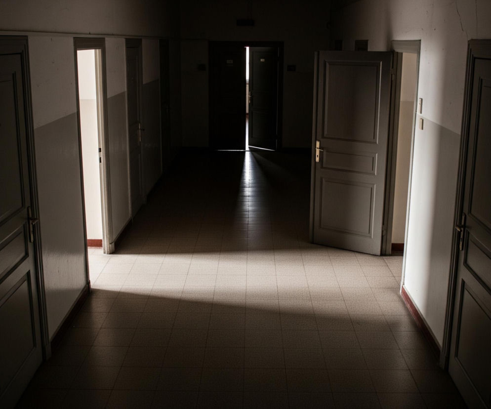 Wąski korytarz rozciąga się w głąb obrazu, z dwiema parami drzwi widocznymi po obu stronach. Po lewej stronie, bliżej obserwatora, są zamknięte drzwi, a za nimi, w oddali, uchylone drzwi, z których wypływa jasne, białe światło. Po prawej stronie, bliżej obserwatora, drzwi są lekko uchylone, ukazując fragment jasnego wnętrza, a w oddali, na końcu korytarza, ciemne drzwi są również uchylone, z wyraźną smugą światła padającą na podłogę. Światło z końca korytarza tworzy jasny pas na kafelkowej podłodze, podkreślając perspektywę i kontrastując z ciemnymi ścianami.