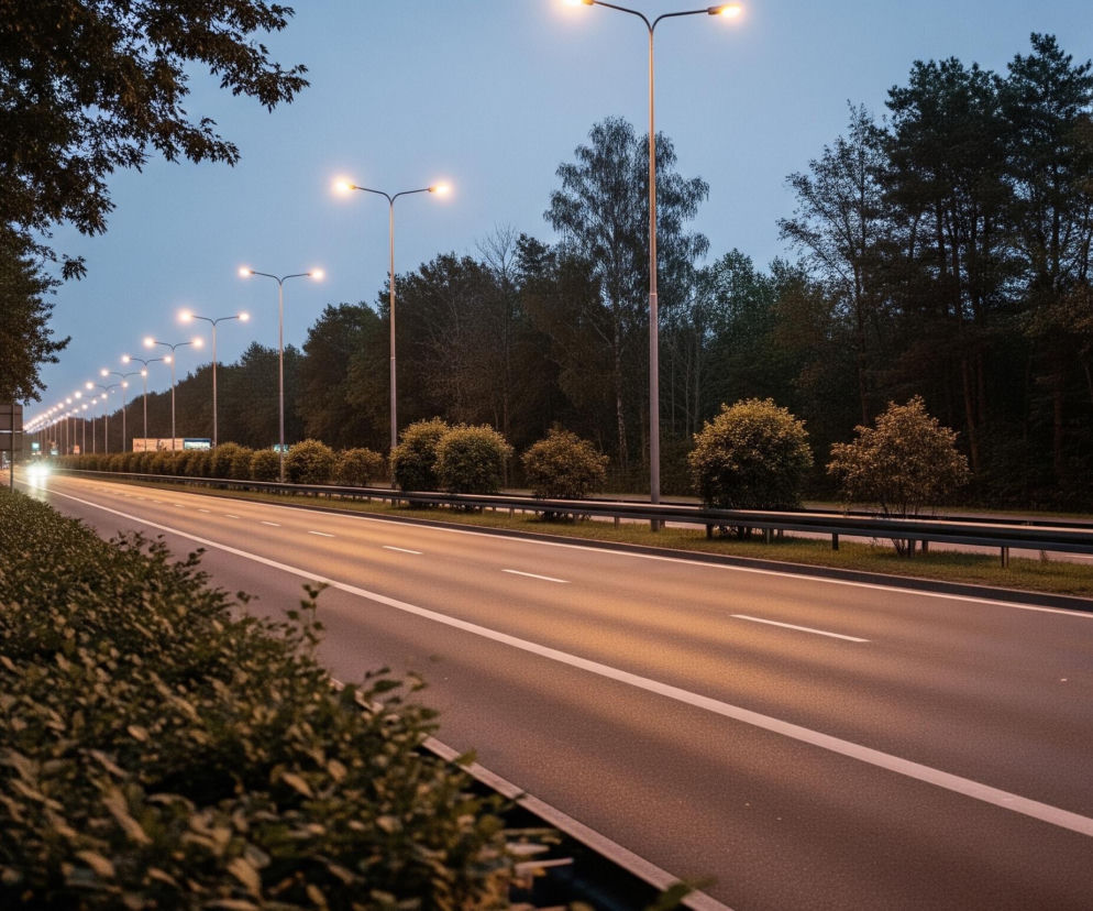 Asfaltowa droga o dwóch pasach ruchu, oznaczona białymi liniami, rozciąga się w głąb kadru, oświetlona pomarańczowym blaskiem latarni ulicznych. Wzdłuż lewego pobocza rośnie gęsty żywopłot i korony drzew, tworząc ciemną ścianę, a w tle widać rząd słupów oświetleniowych z białym światłem. Po prawej stronie drogi, oddzielona metalową barierą, ciągnie się trawiasty pas z rzędami krzewów i wysokich drzew, które zlewają się w ciemną sylwetkę pod granatowym niebem. Na horyzoncie, w oddali, dostrzegalne są rozmyte światła nadjeżdżającego samochodu.