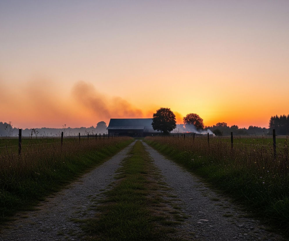 Długa, żwirowa ścieżka biegnie przez środek kadru, prowadząc wzrok w kierunku horyzontu. Po obu stronach ścieżki rozciągają się pola zielonej trawy i wyschniętych, brązowych roślin, częściowo ogrodzone niskim płotem z drewnianych słupków i drutu. Na tle zachodzącego słońca, które maluje niebo odcienie pomarańczu i różu, widoczny jest ciemny, dwuspadowy budynek stodoły, a za nim drzewa. Po prawej stronie stodoły widać dym unoszący się nad drzewami, a w tle zarys ciemnego lasu.