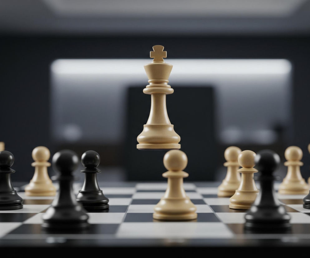 Centralnym punktem obrazu jest uniesiony w powietrzu biały król szachowy, wykonany z jasnego drewna, otoczony przez pionki i figury szachowe. Plansza szachowa z czarno-białymi polami zajmuje dolną część kadru, z wyraźnie widocznymi pionkami i figurami obu kolorów: czarne, takie jak skoczek i kilka pionków, znajdują się po lewej stronie, a białe figury, w tym wieża i pionki, po prawej. Tło jest rozmyte, utrzymane w ciemnych, szarych i czarnych tonacjach, z widocznym podłużnym, poziomym światłem w górnej części.