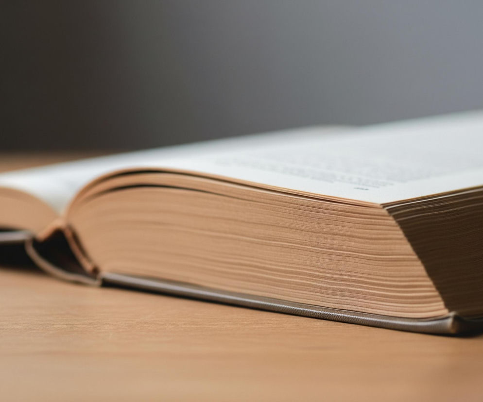 Otwarta książka z setkami stron leży na drewnianym blacie. Grzbiet książki jest szary, a strony mają delikatny żółty odcień. Tekst na otwartych stronach jest niewyraźny, natomiast strony w pliku tworzą wyraźne, poziome paski. Tło za książką jest jednolicie szare.