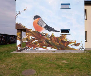 Nowy mural w mieście! Czerwony gil ozdobił ścianę budynku przy ul. Mieszka I w Siedlcach