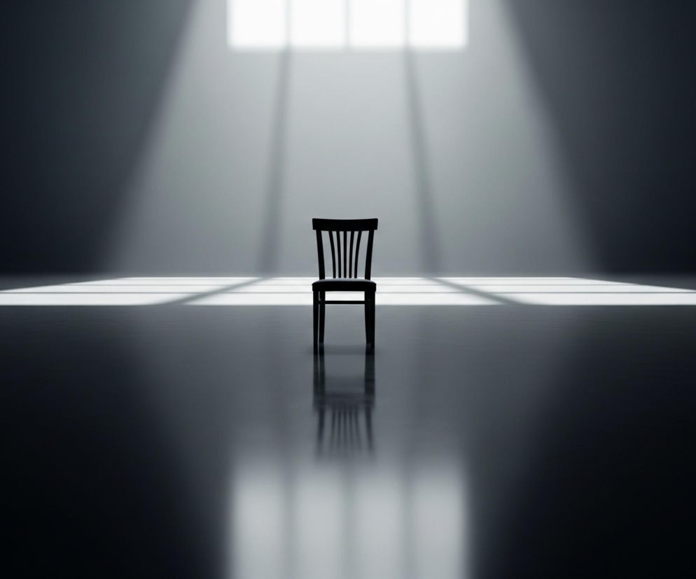 Na ciemnym, lustrzanym podłożu stoi centralnie drewniane krzesło z wysokim oparciem, widoczne od tyłu. Z góry, z niewidocznego źródła światła, padają szerokie, prostokątne promienie, tworząc jasne pasy na podłodze i oświetlając oparcie krzesła. Powierzchnia, na której stoi krzesło, odbija światło i zarys krzesła, tworząc wrażenie głębi w monochromatycznym otoczeniu.