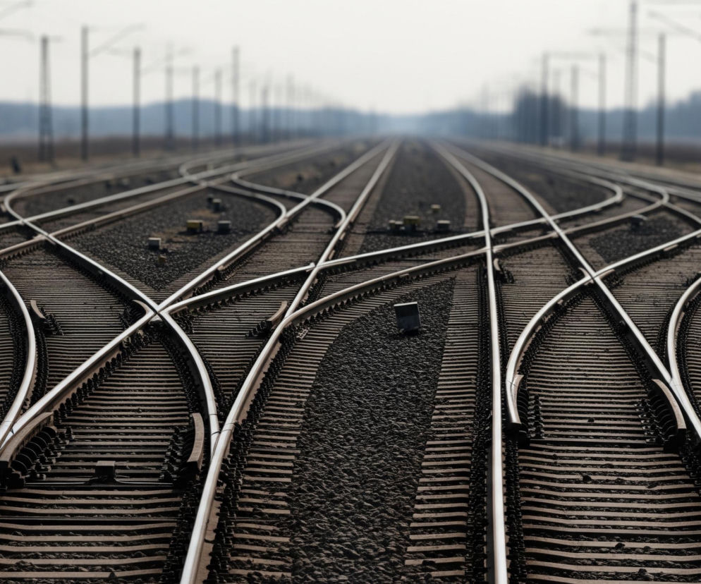 Centralną część kadru wypełnia rozbudowany system torów kolejowych, tworzących gęstą sieć rozjazdów i krzyżowań. Tory, wykonane ze srebrzystych szyn ułożonych na ciemnych podkładach i żwirze, rozchodzą się promieniście w głąb kadru, gdzie zlewają się w jedną linię zanikającą w oddali. Na pierwszym planie po lewej stronie widać żółtą skrzynkę oraz mniejsze, szare obiekty, z których wychodzą czarne kable wijące się po żwirze. Horyzont wyznacza niewyraźna linia lasu lub zalesionego terenu, a ponad nim rozciąga się jasne, zamglone niebo. Wzdłuż torów, po obu stronach, rozmieszczone są wysokie, pionowe słupy trakcyjne, które również stopniowo zanikają w oddali.