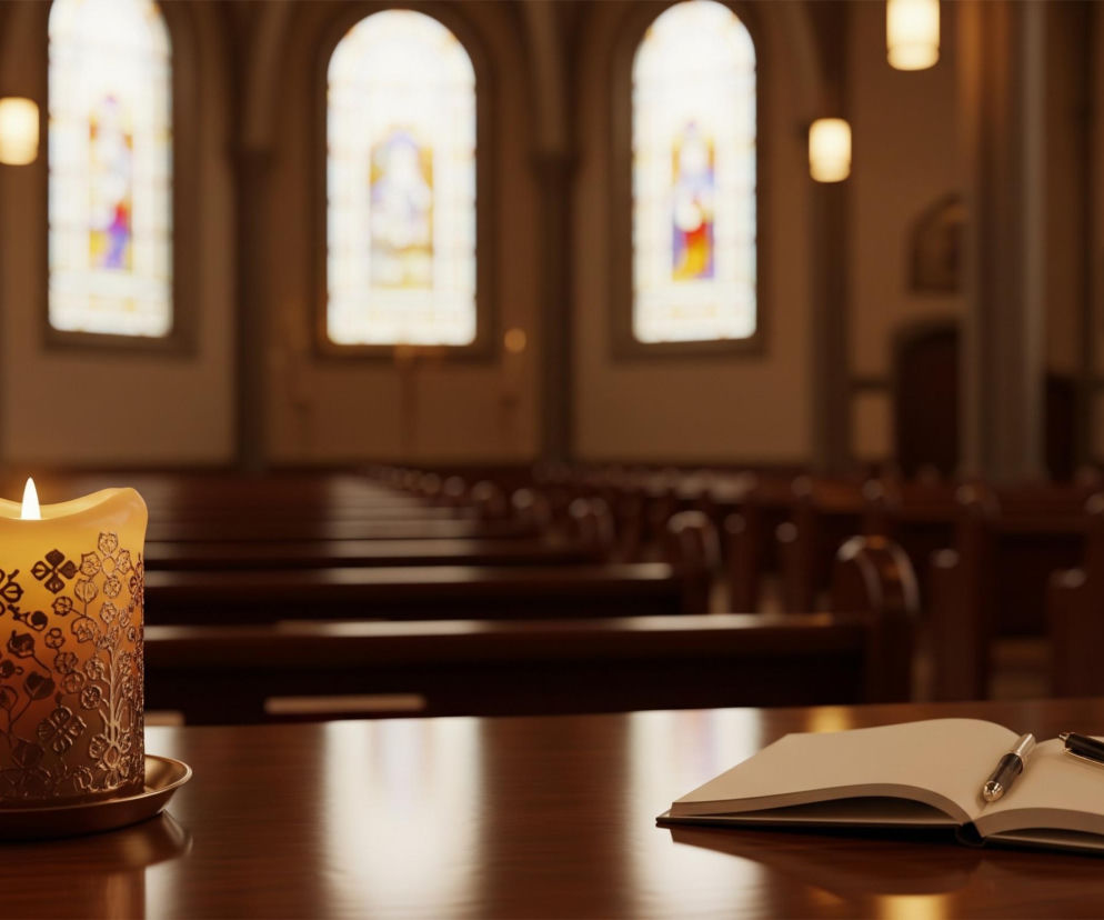 Na pierwszym planie, po lewej stronie, stoi zapalona, dekorowana świeca w ciepłych odcieniach żółci i brązu, umieszczona na złotej podstawce, na polerowanym drewnianym blacie. Obok, po prawej, leży otwarty notes z pustymi stronami, a na nim znajdują się dwa długopisy, jeden czarny ze złotymi elementami i drugi srebrny. W tle rozpościera się widok na wnętrze kościoła, gdzie widać rzędy drewnianych ławek, a dalej, przez wysokie, łukowate okna wpuszczające jasne światło, widać niewyraźne witraże w ciepłych barwach. Cała scena jest oświetlona ciepłym, miękkim światłem, tworzącym spokojną atmosferę.
