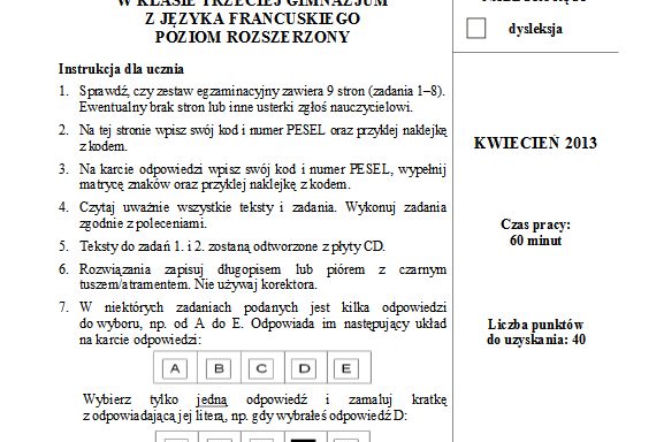 EGZAMIN GIMNAZJALNY 2013 JĘZYK FRANCUSKI rozszerzony
