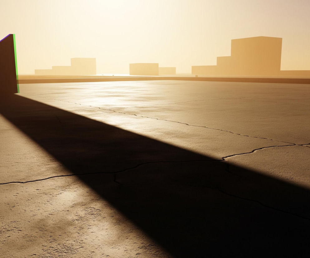 Na pierwszym planie widoczny jest szeroki, płaski, popękany betonowy plac w odcieniach brązu i beżu, z wyraźnymi pęknięciami. Po lewej stronie, w kierunku środka, stoi pionowa, prostopadłościenna struktura o ciemnej, brązowej powierzchni, której krawędzie są zaznaczone jaskrawymi smugami czerwieni i zieleni. Od tej struktury rozciąga się długi, ciemny cień biegnący ukośnie przez plac w prawy dolny róg. W tle, na horyzoncie, rysują się proste, prostopadłościenne kształty przypominające budynki, oświetlone jasnym, żółto-pomarańczowym światłem, które dominuje w górnej części obrazu, tworząc wrażenie wschodzącego lub zachodzącego słońca.