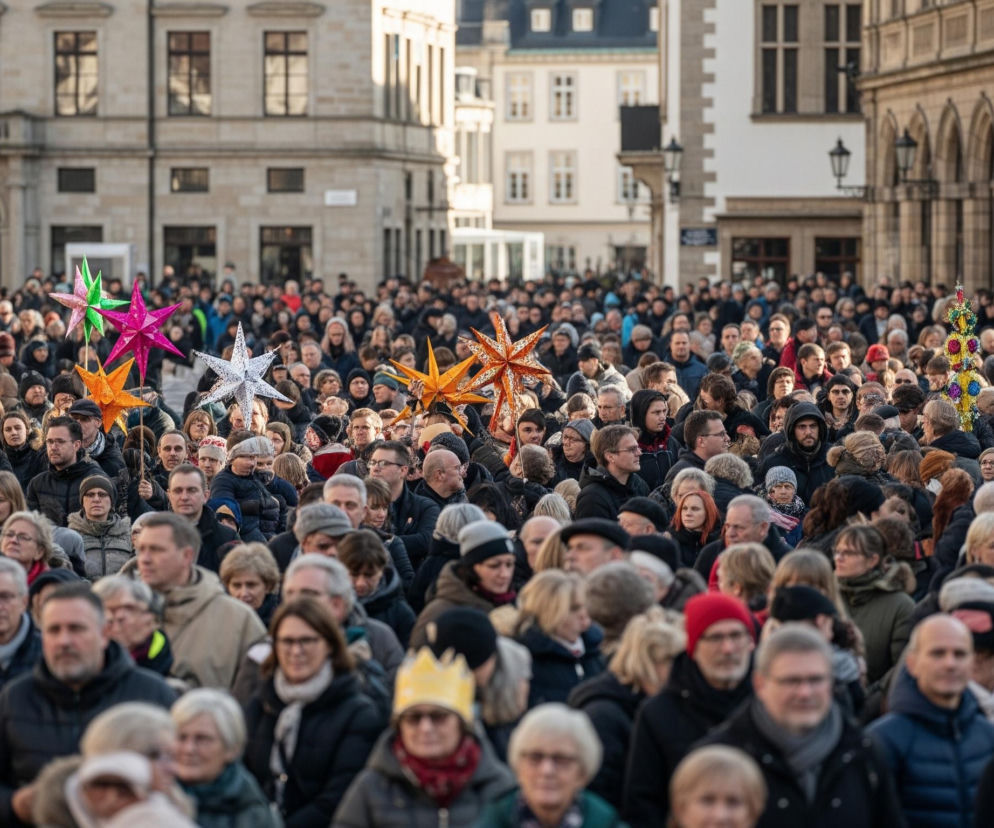 Ogromny tłum ludzi wypełnia szeroki plac, patrząc w kierunku widza. Większość osób nosi ciepłe, zimowe ubrania w ciemnych kolorach, jednak pojawiają się również akcenty czerwieni, błękitu i zieleni, a także pojedyncze osoby z rekwizytami: kilka kolorowych, trójwymiarowych gwiazd i jedna stylizowana na choinkę ozdoba, trzymane na kijach ponad głowami. W tle widoczne są budynki o jasnych fasadach, z wyraźnymi oknami i elementami architektonicznymi, takimi jak łukowate wnęki i balkony, częściowo oświetlone słońcem.