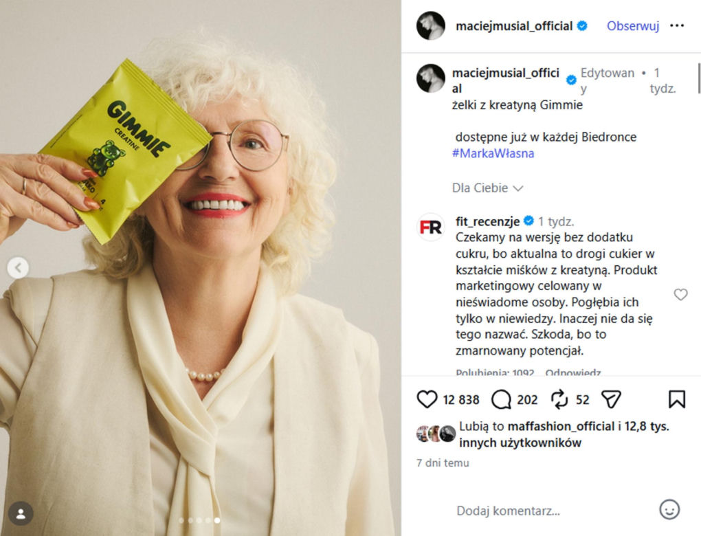 Maciej Musiał rusza z własną marką. Jego żelki z kreatyną trafiły do Biedronki