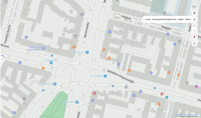 Niemieckie nazwy ulic w Szczecinie na mapach Bing