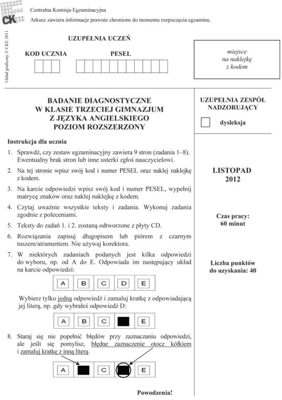 Próbny egzamin gimnazjalny 2013 - język angielski poziom rozszerzony