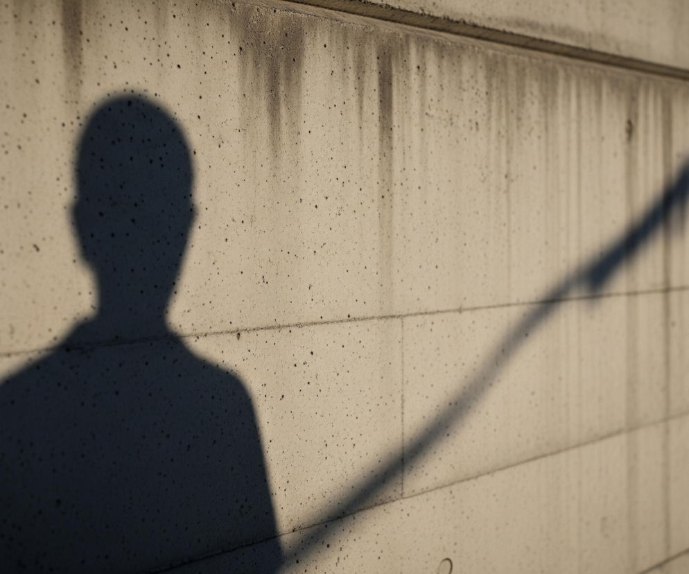 Ściana z betonu o beżowo-szarej barwie dominuje obraz, pokryta licznymi drobnymi, ciemnymi plamkami i wyraźnymi poziomymi liniami podziału, co nadaje jej teksturę. Na jej powierzchni widoczny jest duży, ciemny cień ludzkiej postaci, ukazujący tors i głowę z profilu, rzucany z lewej strony kadru. Dłuższe, skośne cienie rozciągają się od górnej prawej krawędzi ściany w kierunku środka, tworząc dynamiczny kontrast. W górnej części ściany dostrzegalne są pionowe smugi ciemniejszego koloru, co sugeruje efekt spływającej wody.