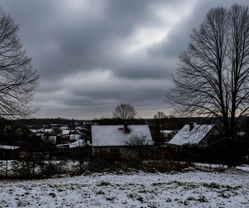 Zimowy krajobraz przedstawia zaśnieżone pole na pierwszym planie, z suchą trawą przebijającą się przez cienką warstwę białego puchu. Po lewej i prawej stronie kadru dominują ciemne, bezlistne drzewa, ich gałęzie rysują się wyraźnie na tle zachmurzonego nieba. W środku, na horyzoncie, widoczne są domy z dachami pokrytymi śniegiem, otoczone zaroślami i innymi drzewami, tworzącymi ciemną linię lasu. Nad całością rozciąga się zachmurzone, szare niebo z jaśniejszym fragmentem w górnej, środkowej części.