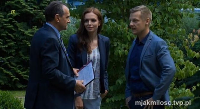 M jak miłość. Monika (Anna Wendzikowska), Górecki (Wojciech Wysocki), Piotrek Zduński (Marcin Mroczek)