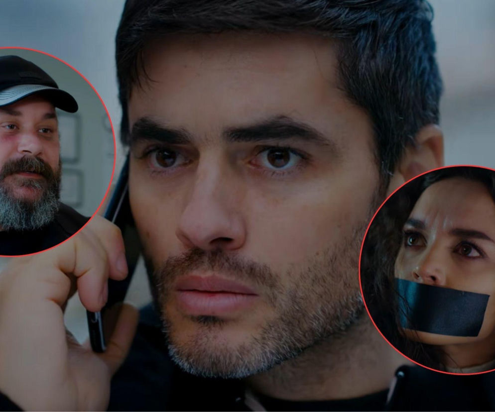 Zmartwiony Poyraz rozmawia przez telefon. Na miniaturach Sedat oraz Nana z zaklejonymi ustami. Czytaj w SE Superseriale.