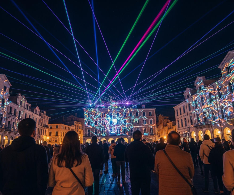 Ulica pełna ludzi obserwujących pokaz świetlny w nocy. Fasady budynków po bokach oraz budynku na końcu placu są oświetlone barwnymi, geometrycznymi wzorami w kolorach niebieskim, zielonym, żółtym i pomarańczowym. Nad placem przecinają się liczne wiązki laserów w odcieniach zieleni, niebieskiego i różu, tworząc sieć kolorowych linii na ciemnym niebie. Ludzie są widoczni od tyłu, skupieni na widowisku, a ich sylwetki wypełniają dolną część kadru.