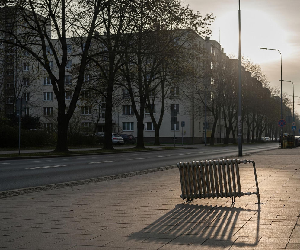 Na pierwszym planie, po prawej stronie chodnika, leży poziomo stary, żeliwny grzejnik żeberkowy o jasnym, metalicznym kolorze. Od grzejnika na kostce brukowej rozciąga się długi, cieniowany cień, równoległy do żeber. Chodnik, wykonany z szarych, prostokątnych płyt, prowadzi w głąb obrazu, a po jego lewej stronie znajduje się asfaltowa ulica z dwoma białymi pasami. W tle dominują bloki mieszkalne z wieloma oknami, otoczone drzewami bez liści, a nad nimi widać jasne, zachmurzone niebo z wyraźnym słońcem w prawej górnej części kadru, tworzącym odblaski na budynkach i ulicznych lampach.