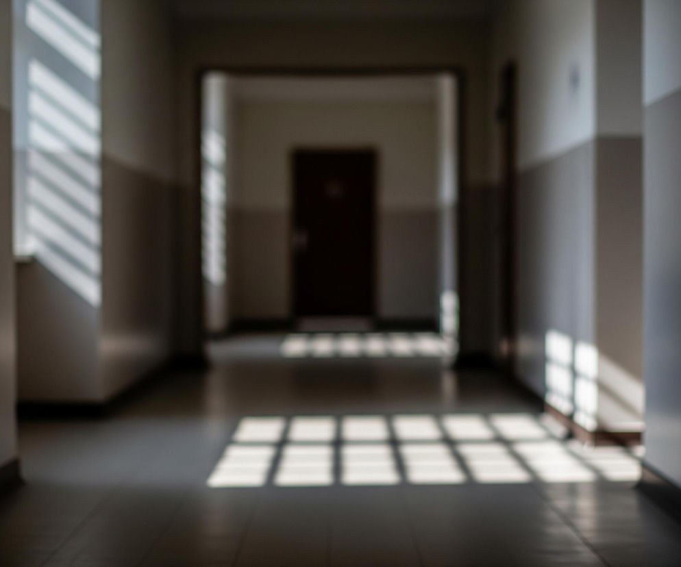 Długi, rozmyty korytarz dominuje na zdjęciu, z dwukolorowymi ścianami: górna część jest jasnoszara, a dolna ciemnoszara, oddzielona poziomą linią. Światło słoneczne wpada z lewej strony, tworząc długie, ukośne pasy na ścianie i regularny wzór kwadratów na podłodze. W tle korytarza widać ciemne, prostokątne drzwi w przejściu, otoczone jasnymi ścianami, co sprawia, że drzwi wydają się być jedynym wyraźnym punktem w głębi pomieszczenia.