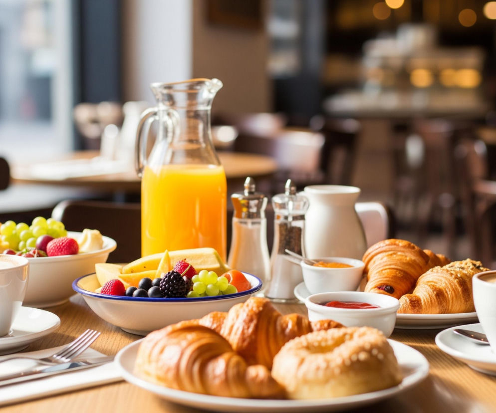 Na pierwszym planie, na drewnianym stole, leży bogate śniadanie. Centralnie ustawiony jest szklany dzbanek pełen pomarańczowego soku, a obok niego dwie białe miski z różnymi świeżymi owocami: winogronami, kawałkami melona, malinami, borówkami i jeżynami. Na stole rozmieszczono także kilka białych talerzy z pieczywem, w tym chrupiącymi croissantami i jednym pączkiem posypanym sezamem, a także dwie białe filiżanki z kawą i małe białe miseczki z dżemem i ketchupem. W tle widać zamazane wnętrze kawiarni z drewnianymi krzesłami i stolikami, a za dużym oknem, również w rozmyciu, majaczy fragment białego samochodu.