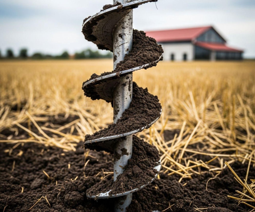 Wiertnica glebowa z ziemią na spirali, wbita w pole uprawne. W tle widoczny budynek gospodarczy i jasne zboże. Zdjęcie ilustruje artykuł o badaniu gleby, co pozwala zaoszczędzić na nawozach, o czym przeczytasz na portalu Super Biznes.