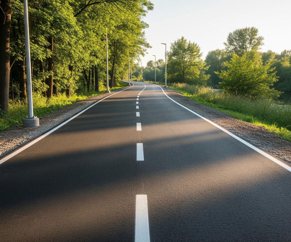 Ciemnoszara asfaltowa droga biegnie zakrętem od pierwszego planu w kierunku horyzontu, z białymi przerywanymi liniami na środku i ciągłymi liniami na krawędziach. Po lewej stronie drogi widać rząd wysokich, jasnozielonych drzew, których pnie są w dużej mierze zacienione, a liście oświetlone złotym światłem. Po tej samej stronie stoją pionowe, szare latarnie uliczne w regularnych odstępach. Po prawej stronie drogi rozciąga się pas zielonej trawy i niskich krzewów, za którym płynie ciemna rzeka, a dalej widać gęste drzewa o zielonych liściach, częściowo oświetlone światłem. Niebo na horyzoncie jest jasne, biało-niebieskie.