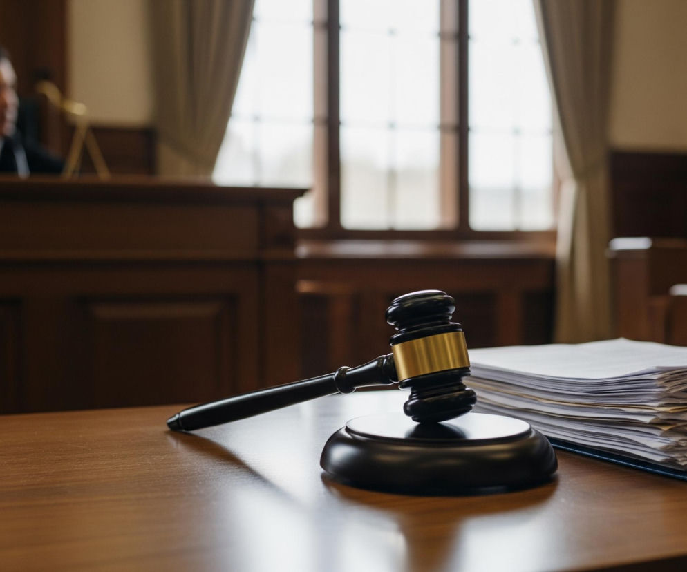 Na pierwszym planie, po prawej stronie drewnianego stołu, leży czarny młotek sędziowski ze złotym elementem, spoczywający na okrągłej podstawce. Obok niego, po prawej, znajduje się stos dokumentów wpiętych w teczkę lub segregator, z widocznym złotym klipsem na górze. W tle, za stołem, widoczna jest brązowa drewniana balustrada, a za nią, po lewej stronie, rozmyta sylwetka mężczyzny w ciemnym garniturze, opierającego dłoń na brodzie. W prawym górnym rogu obrazu, za balustradą i postacią, widać duże okno z jasnymi ramami, zasłonięte po bokach beżowymi zasłonami, przez które wpada rozproszone światło.
