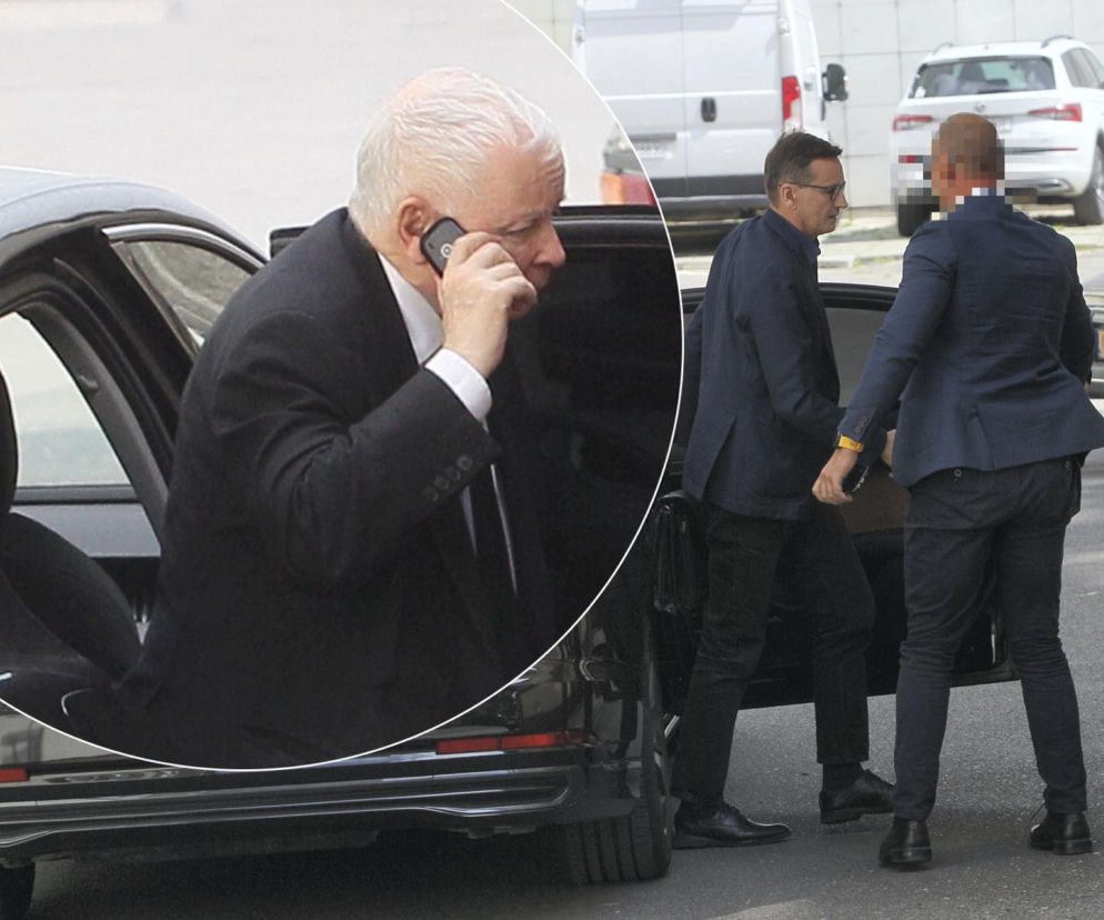 Mateusz Morawiecki przy samochodzie. Na wstawce Jarosław Kaczyński rozmawia przez telefon. O ich spotkaniu czytaj w Eska.