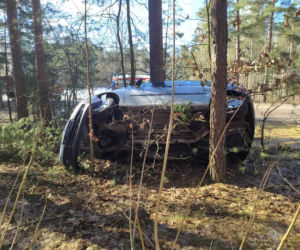 Wypadek na DW 686. Kierowca renault zaparkował między drzewami [ZDJĘCIA]
