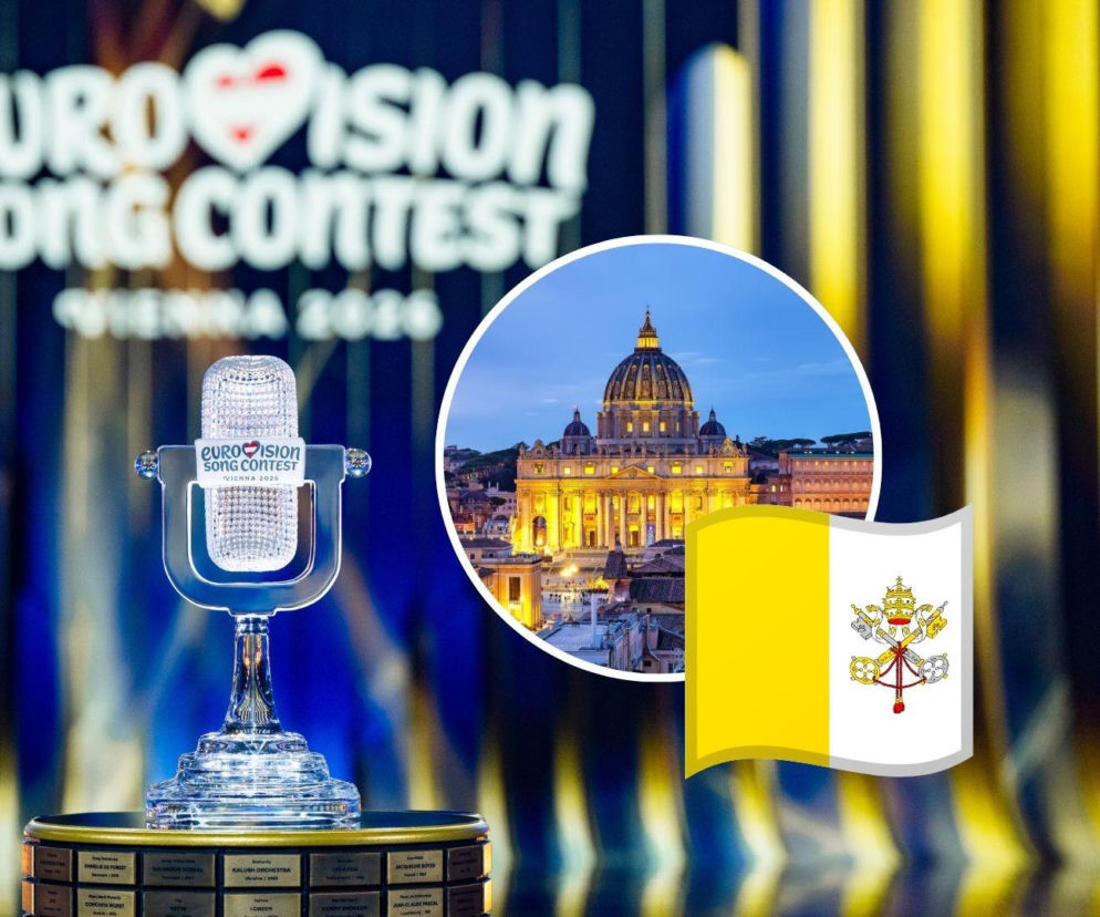 Kryształowe trofeum Eurowizji na tle logotypu konkursu. Na miniaturze Bazylika św. Piotra i flaga Watykanu. O temacie na Eska.