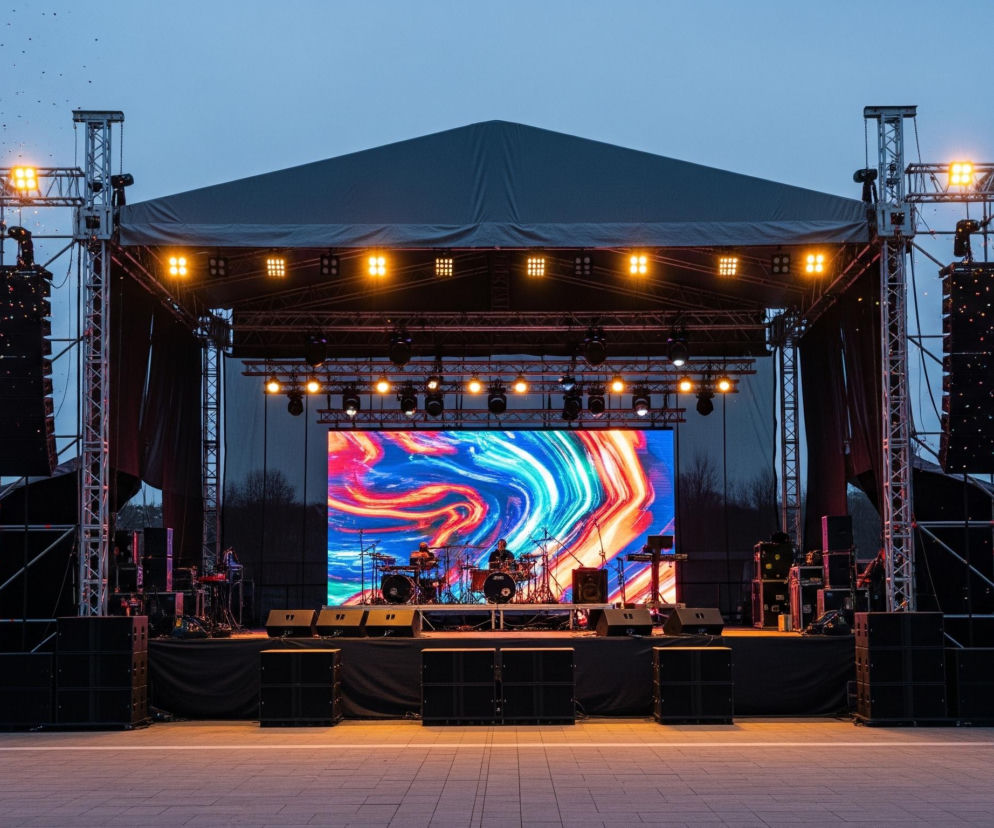 Na pierwszym planie widoczna jest duża scena koncertowa pod otwartym niebem, z podestem pokrytym ciemnym, brezentowym dachem. Konstrukcja sceny składa się z metalowych kratownic, na których zamontowane są liczne reflektory o ciepłym, żółtym świetle oraz duże ekrany LEDowe, wyświetlające abstrakcyjne wzory w jaskrawych kolorach: pomarańczowym, niebieskim i turkusowym. Na centralnym ekranie LED, umieszczonym z tyłu sceny, widoczny jest zestaw perkusyjny i inny sprzęt muzyczny. Przed sceną, na wybrukowanej przestrzeni, rozłożone są rzędy czarnych głośników i subwooferów. W powietrzu unosi się mnóstwo kolorowego konfetti, a w tle widać ciemniejące niebo i zarys drzew.