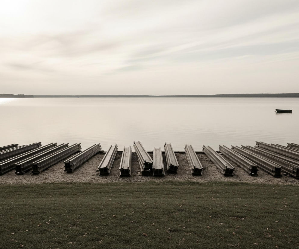 Rząd długich, metalowych belek leży na piaszczystej plaży tuż przy brzegu jeziora. Belki ułożone są równolegle do siebie, lekko nachylone w kierunku wody, a za nimi rozciąga się szeroka tafla spokojnego jeziora, na którym unosi się mała, ciemna łódka po prawej stronie. Horyzont wieńczy ciemny pas lasu, a nad całością dominuje jasne, zachmurzone niebo z widocznymi smugami chmur, tworząc stonowaną, niemal monochromatyczną paletę barw. Na pierwszym planie znajduje się zielony trawnik.
