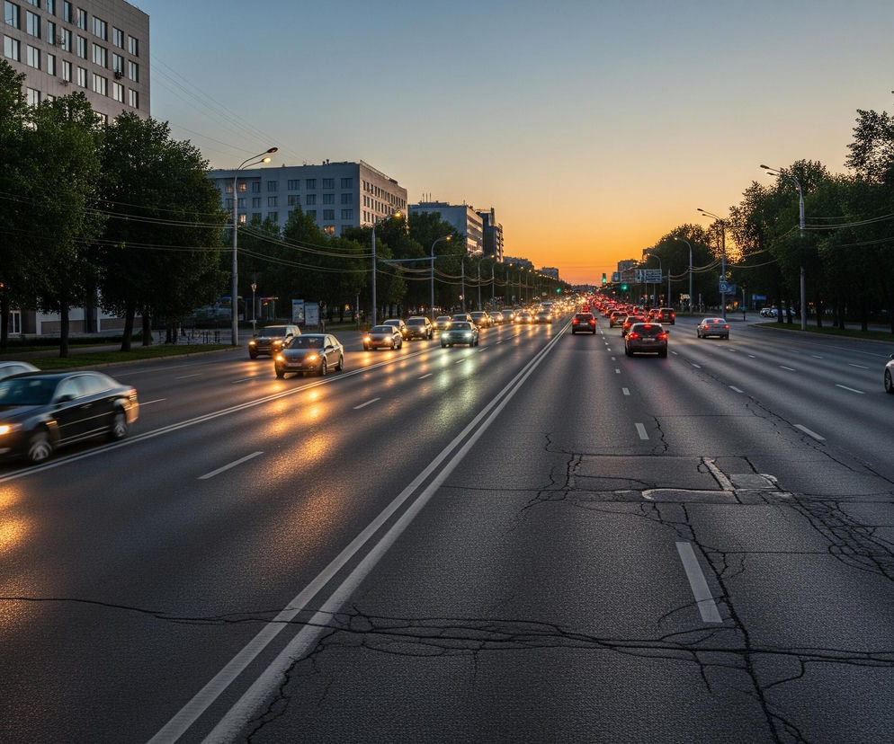 Ulicą wielopasmową, biegnącą w dal, poruszają się liczne samochody z włączonymi światłami. Głęboki asfalt jezdni, z widocznymi pęknięciami i łatami, odbija żółtawe refleksy świateł mijania pojazdów, szczególnie w lewym pasie. Po obu stronach drogi rosną gęste, ciemnozielone drzewa, za którymi widać rzędy budynków o jasnych fasadach i wielu oknach. Horyzont dominuje zachodzące słońce, tworząc pomarańczowo-różowe pasmo, przechodzące w błękitne niebo na górze, a w oddali widać intensywne czerwone światła tylne samochodów oraz latarnie uliczne rozświetlające drogę.