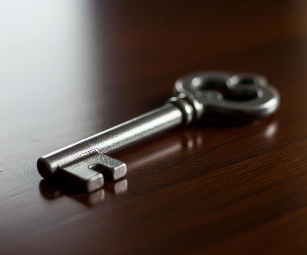 Metalowy klucz, o wyglądzie retro i ciemnoszarym kolorze, leży na lśniącej, ciemnobrązowej, drewnianej powierzchni. Klucz jest wyraźnie ostry i odbija światło, tworząc refleksy na jego powierzchni oraz subtelne odbicie na drewnianym blacie. Tło jest rozmyte, z jasnym, rozświetlonym obszarem w lewym górnym rogu i ciemniejszymi tonami w prawym dolnym.