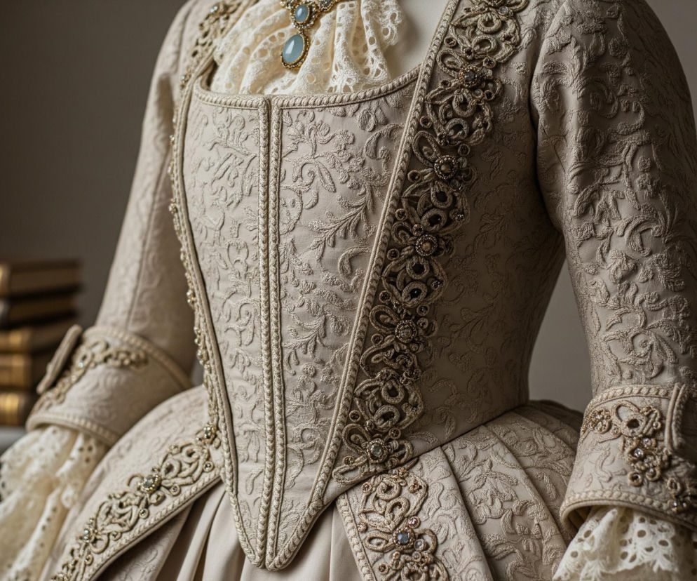Na pierwszym planie widoczna jest bogato zdobiona suknia w jasnym, beżowym odcieniu, wykonana z tkaniny o reliefowym wzorze roślinnym. Gorset sukni ma pionowe szwy i jest ozdobiony złotymi haftami z błyszczącymi kamieniami wzdłuż dekoltu i rękawów. Spod sukni wystaje kremowa, koronkowa bluzka z falbanami przy szyi, na której wisi naszyjnik z dużą, jasnoniebieską zawieszką i mniejszymi, złotymi elementami. W tle, po lewej stronie, rozmazane są cztery ułożone w stos książki w brązowych oprawach ze złotymi zdobieniami, spoczywające na białej, niewyraźnej powierzchni.