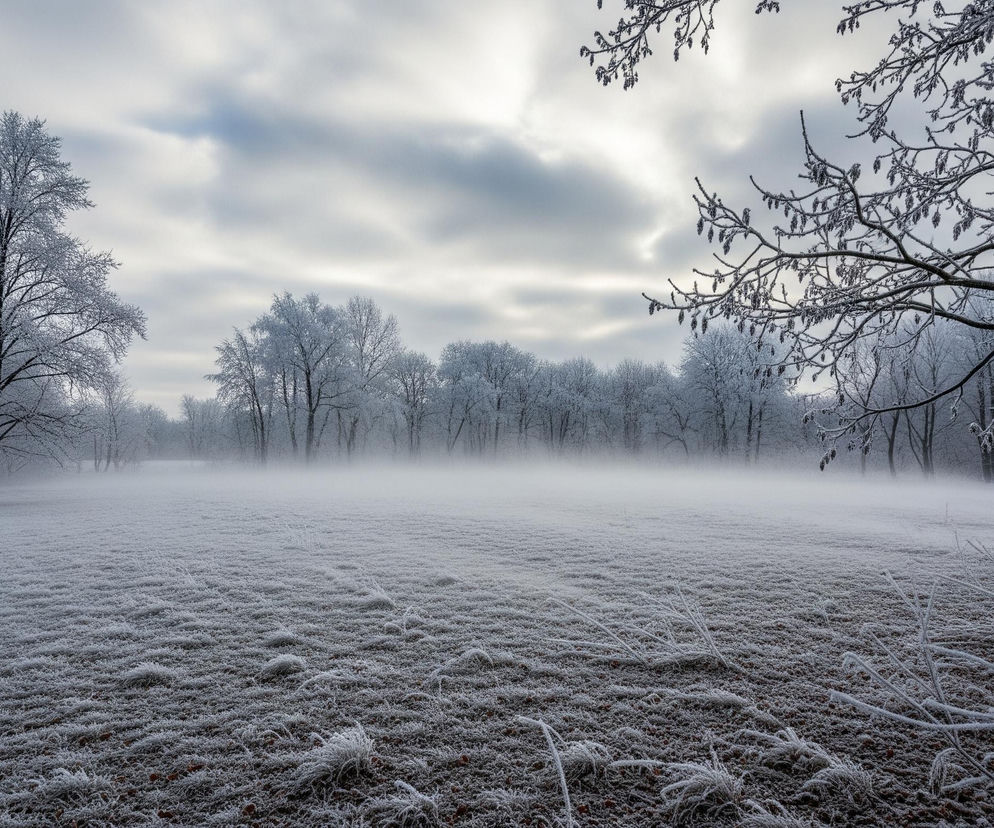Rozległe, zamglone pole zarośnięte suchymi trawami, pokryte białym szronem, rozciąga się w kierunku horyzontu. W lewej części kadru dominuje wysokie, szerokie drzewo z całkowicie oszronionymi gałęziami, a w tle widać linię drzew i krzewów również pokrytych szronem, częściowo przesłoniętych mgłą. Niebo jest pochmurne, z widocznymi promieniami słońca przebijającymi się przez szare chmury, a w górnej i prawej części kadru znajdują się oszronione gałęzie drzew, które wchodzą w kadr z góry. Kolorystyka obrazu jest zimna, utrzymana w odcieniach bieli, szarości i brązu.
