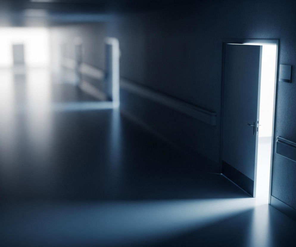 Długi, ciemny korytarz rozciąga się w głąb obrazu, z wyraźnym rozjaśnieniem na końcu, gdzie znajduje się niewyraźna sylwetka drzwi. Po prawej stronie, bliżej obserwatora, uchylone są białe drzwi, zza których wydobywa się intensywne, jasne światło, rzucające smugę na podłogę korytarza. Ściany i podłoga korytarza są w ciemnoniebieskich i szarych odcieniach, a po obu stronach widać niewyraźne, poziome poręcze.