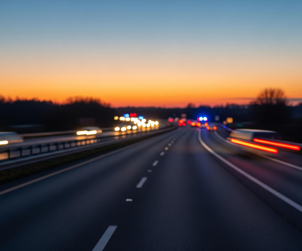 Rozmazaną autostradę podczas zachodu słońca lub wczesnego zmierzchu. Pas nieba u góry jest niebieski, przechodząc niżej w odcienie pomarańczu i czerwieni, za linią ciemnego horyzontu z zarysem drzew. Na drodze widoczne są smugi świateł pojazdów – żółte reflektory samochodów jadących w lewo i czerwone tylne światła pojazdów jadących w prawo. W oddali, na prawym pasie, widoczne są niebieskie i czerwone, migoczące światła, sugerujące obecność pojazdów uprzywilejowanych.